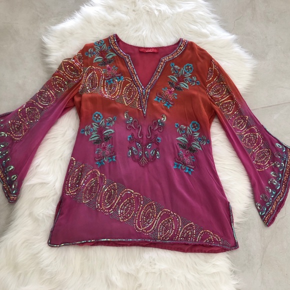 Bell-Sleeve Silk Beaded Blouse, size M - Picture 4 of 8